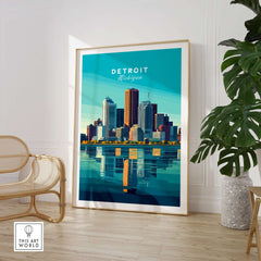 Detroit Wall Art Poster depicting the city skyline with vibrant colors and reflections.