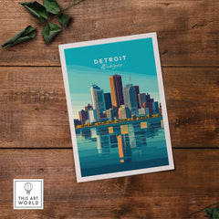 Detroit Wall Art Poster featuring a vibrant skyline of Detroit, Michigan, reflecting in the water.
