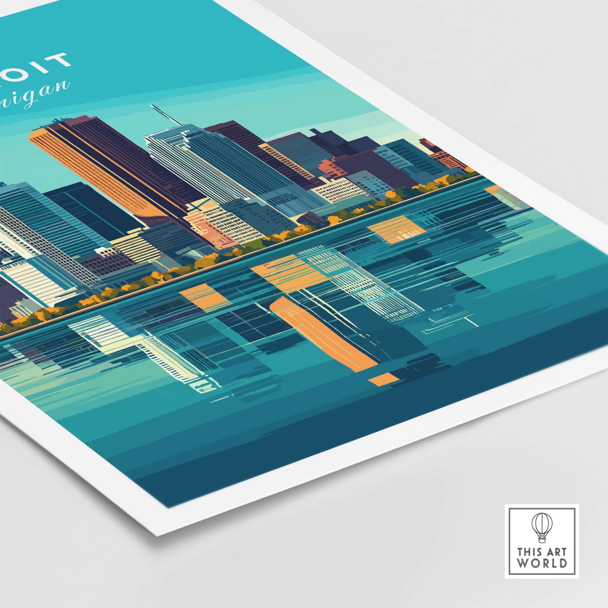 Detroit Wall Art Poster featuring iconic skyline and vibrant colors reflecting on water.