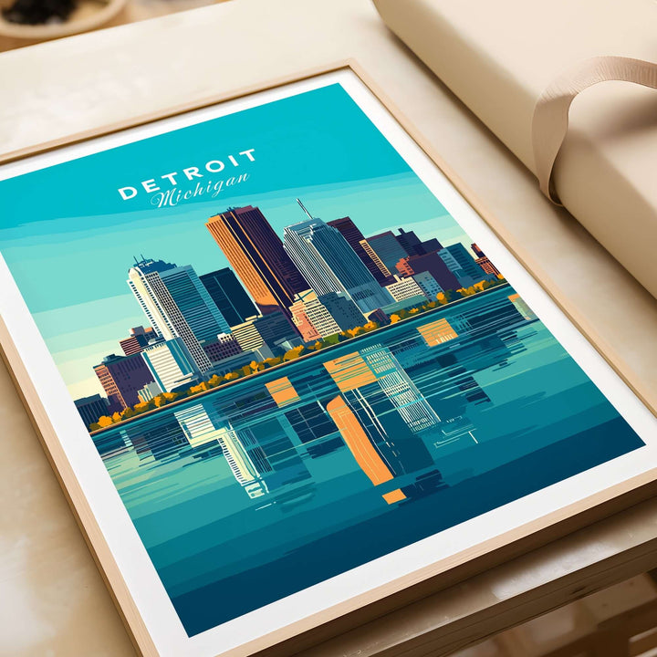 Vibrant Detroit wall art poster showcasing the skyline reflection in water, perfect for urban home decor.