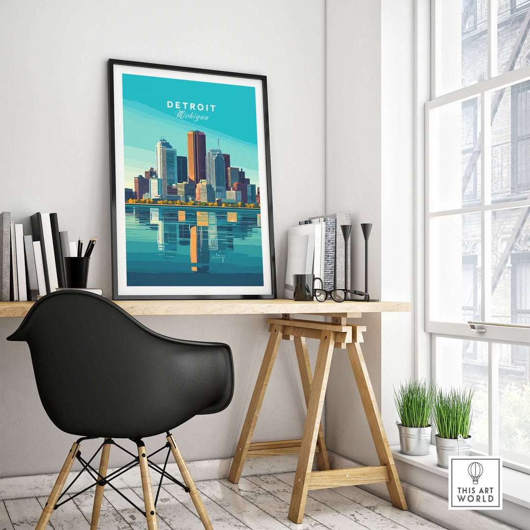 Detroit wall art poster showcasing iconic city skyline and vibrant colors in a modern home office setting.