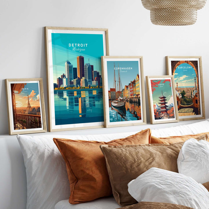 Stylish display of Detroit wall art poster among framed cityscape prints on a modern decor setting.