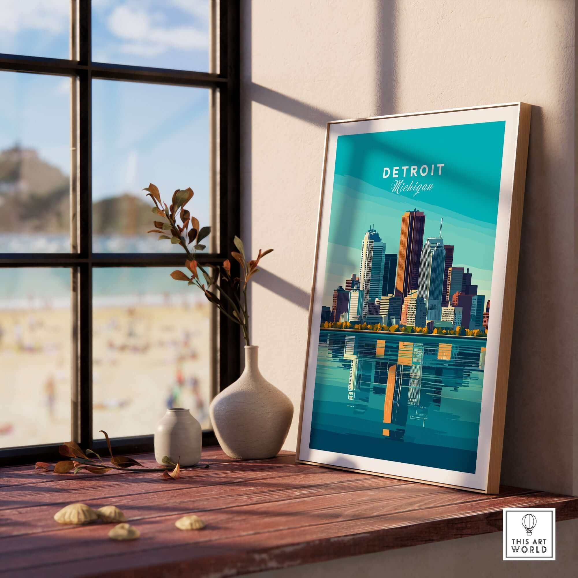 Detroit Wall Art Poster displayed in a bright room with a view of a beach and vase decor, showcasing the skyline.