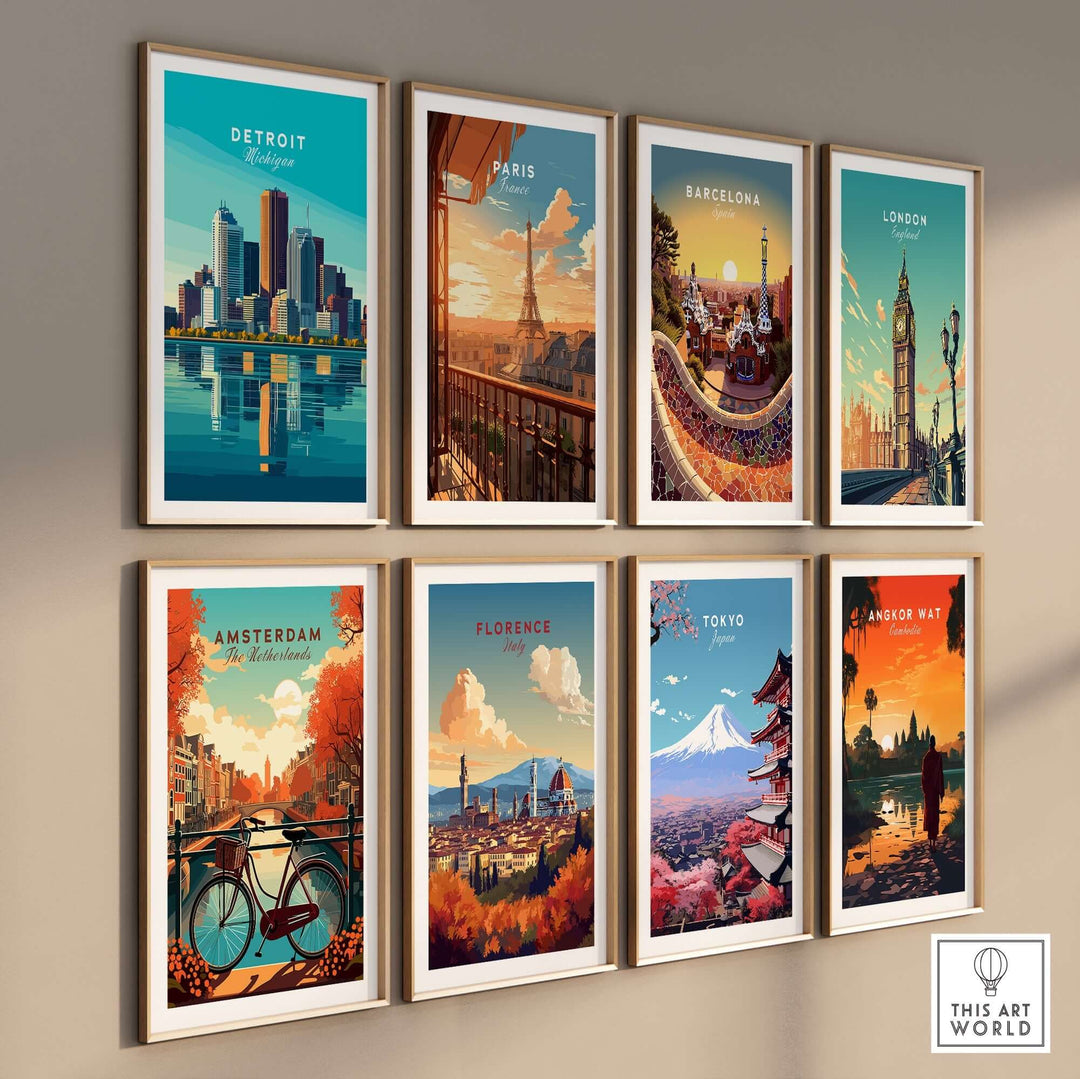 Detroit wall art poster among other city posters, showcasing vibrant prints of iconic landmarks and urban charm.