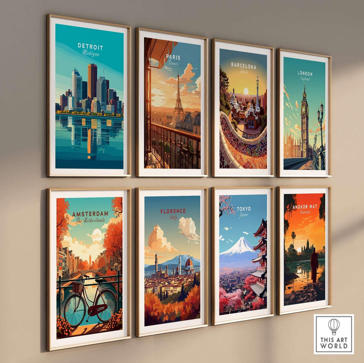 Detroit Wall Art Poster showcasing iconic skyline among various city-themed art prints on a gallery wall.
