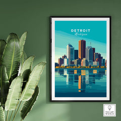 Detroit Wall Art Poster featuring the skyline of Detroit, Michigan, with vibrant colors and reflection.