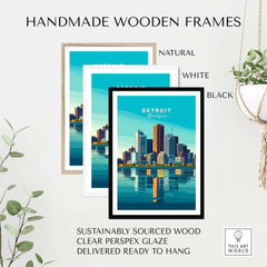 Detroit Wall Art Poster displayed in handmade wooden frames in natural, white, and black finishes.