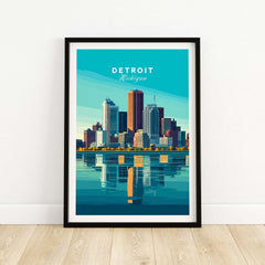 Detroit Wall Art Poster featuring a colorful skyline reflection of Detroit, Michigan.