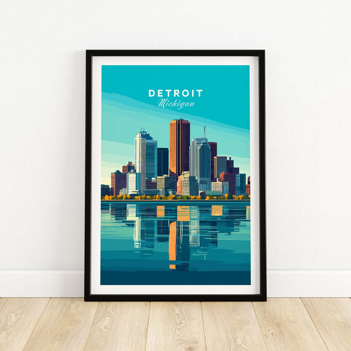 Detroit Wall Art Poster featuring the iconic skyline and vibrant reflections on water, perfect for urban home decor.