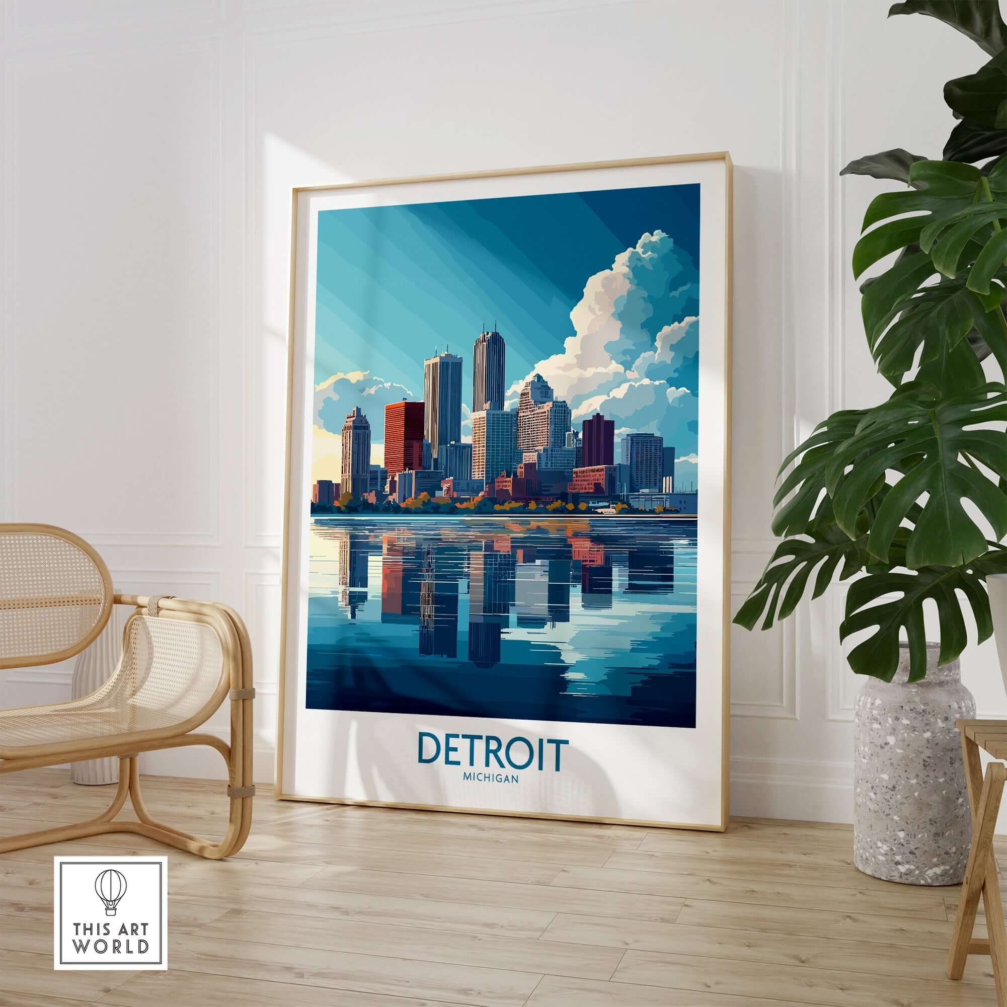 Detroit Wall Art Print showcasing the skyline reflection and iconic landmarks of Detroit, Michigan.