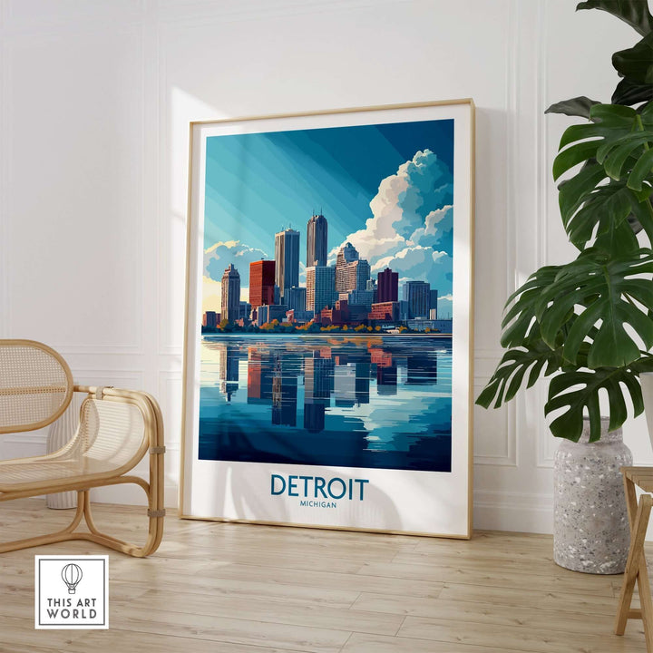 Detroit wall art print featuring the skyline and reflections, perfect for urban decor in any space.