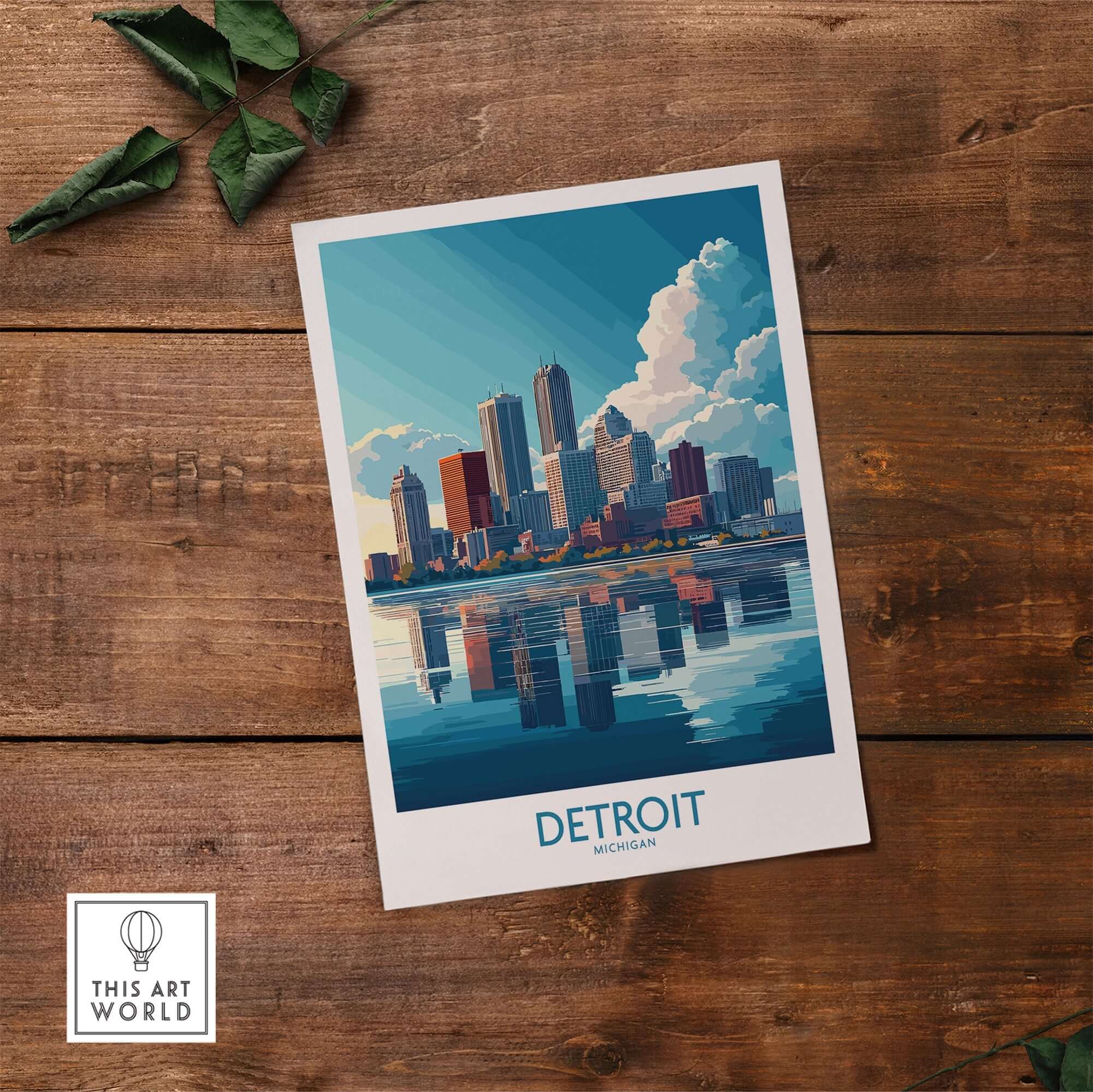 Detroit Wall Art Print showcasing Detroit skyline and reflections on water