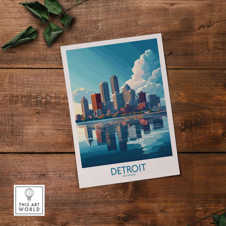 Detroit wall art print featuring a vibrant skyline reflection on water, celebrating urban charm and history of the city.