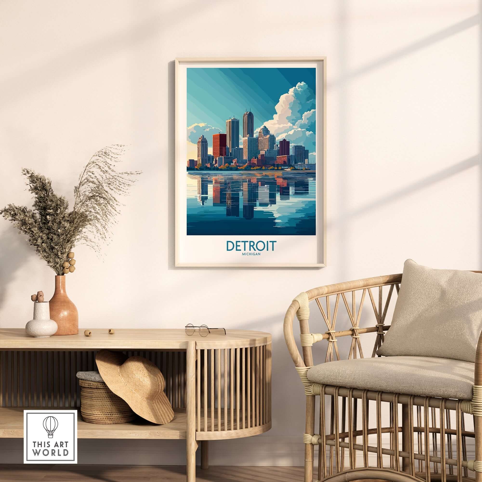 Detroit Wall Art Print showcasing Detroit skyline and reflections in a stylish living room setting.