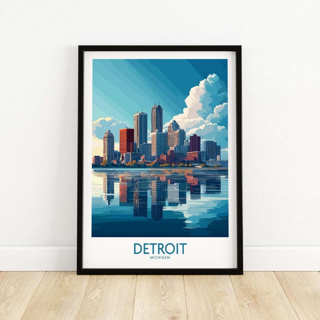 Detroit wall art print featuring the skyline and reflection in vibrant colors, perfect for urban home decor.