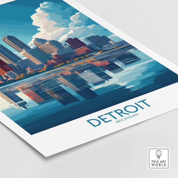 Detroit Wall Art Print featuring a colorful skyline reflection over water, capturing the essence of the city.