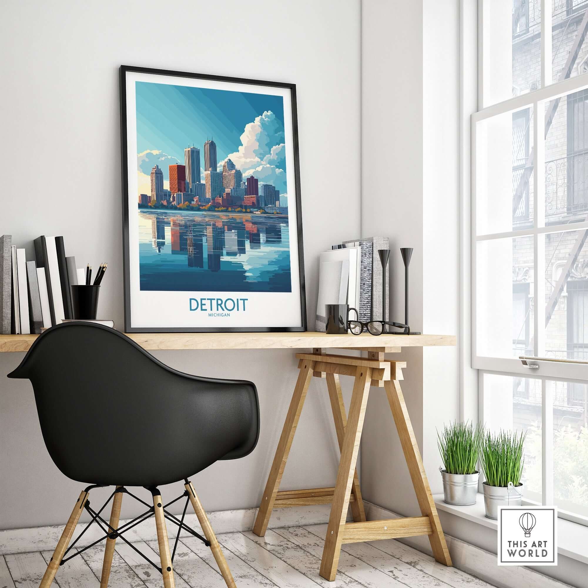 Detroit Wall Art Print displayed in a stylish modern workspace, showcasing vibrant cityscape and reflections.