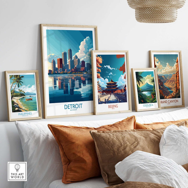 Detroit wall art print among framed artworks of iconic locations like Beijing and the Grand Canyon in a stylish living room setting.