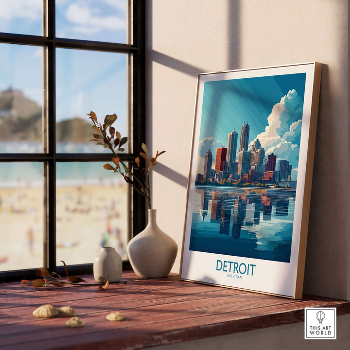 Detroit wall art print showcasing the city's skyline with reflections, adding urban charm to any space.