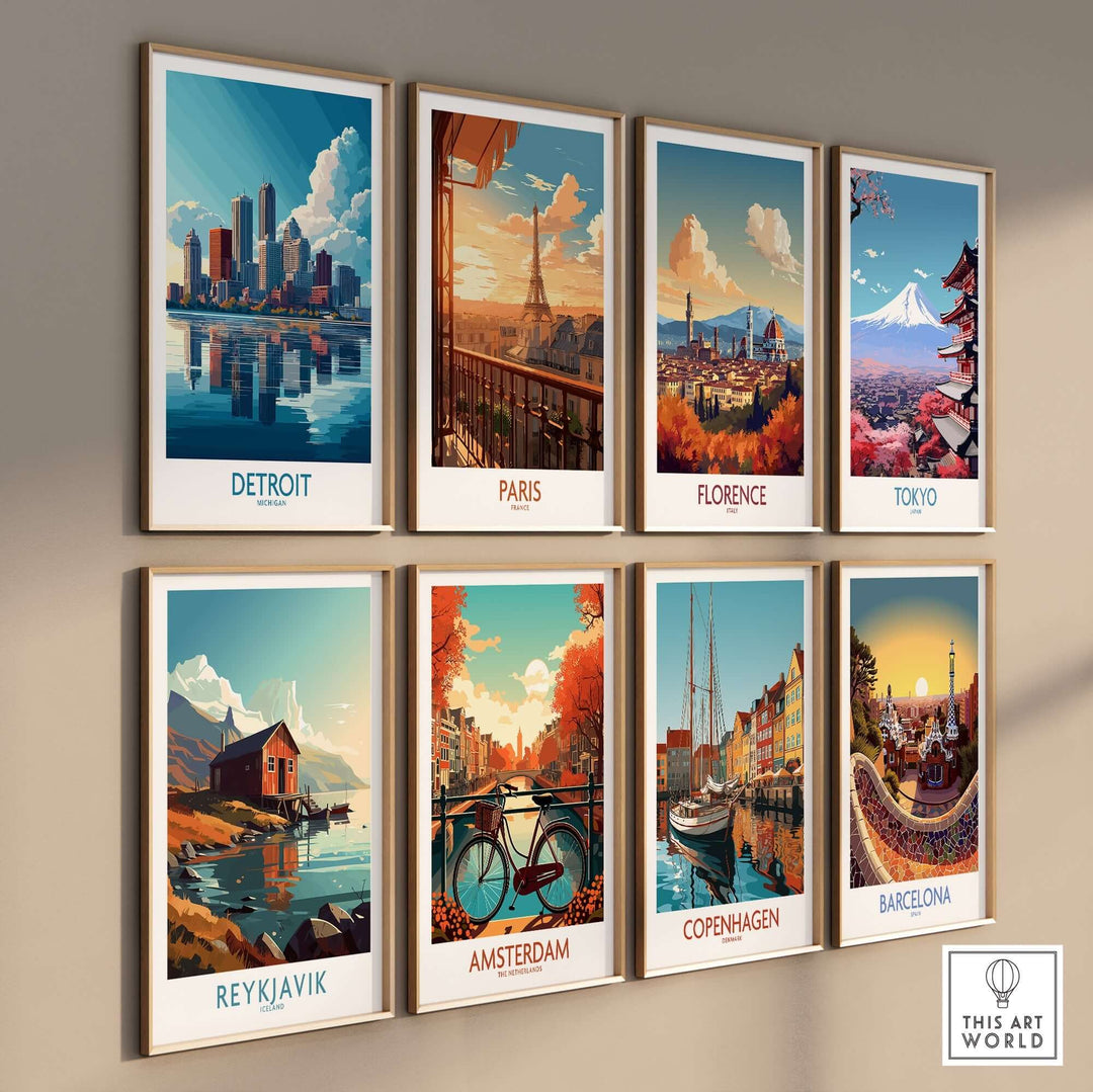 Colorful wall art prints featuring iconic cities: Detroit, Paris, Florence, Tokyo, Reykjavik, Amsterdam, Copenhagen, and Barcelona.