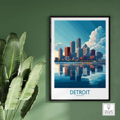 Detroit Wall Art Print featuring a vibrant skyline of the city reflecting on water.