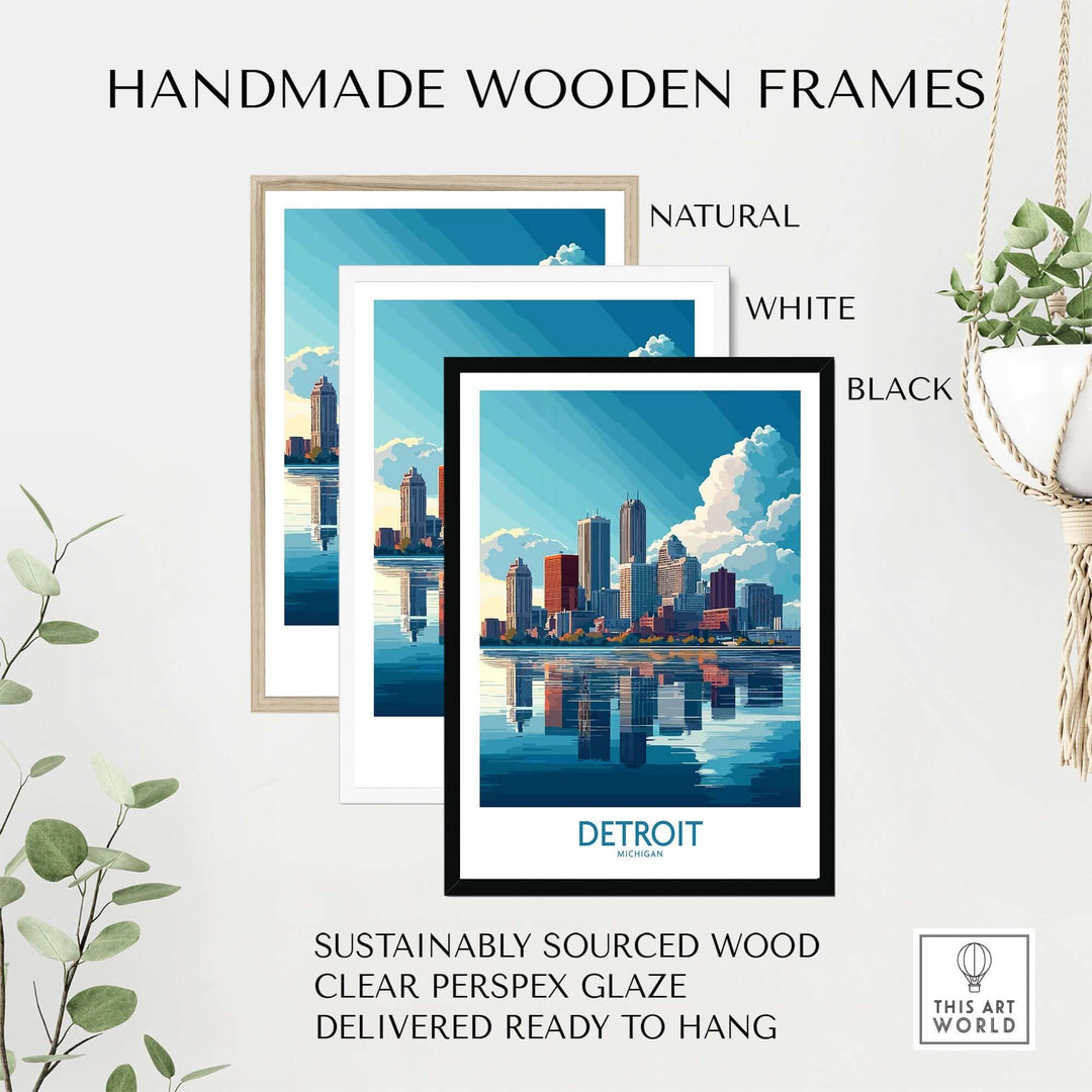 Handmade wooden frames in natural, white, and black for Detroit Wall Art Print, sustainably sourced and ready to hang.