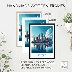 Detroit Wall Art Print showcased in handmade wooden frames, featuring natural, white, and black options.