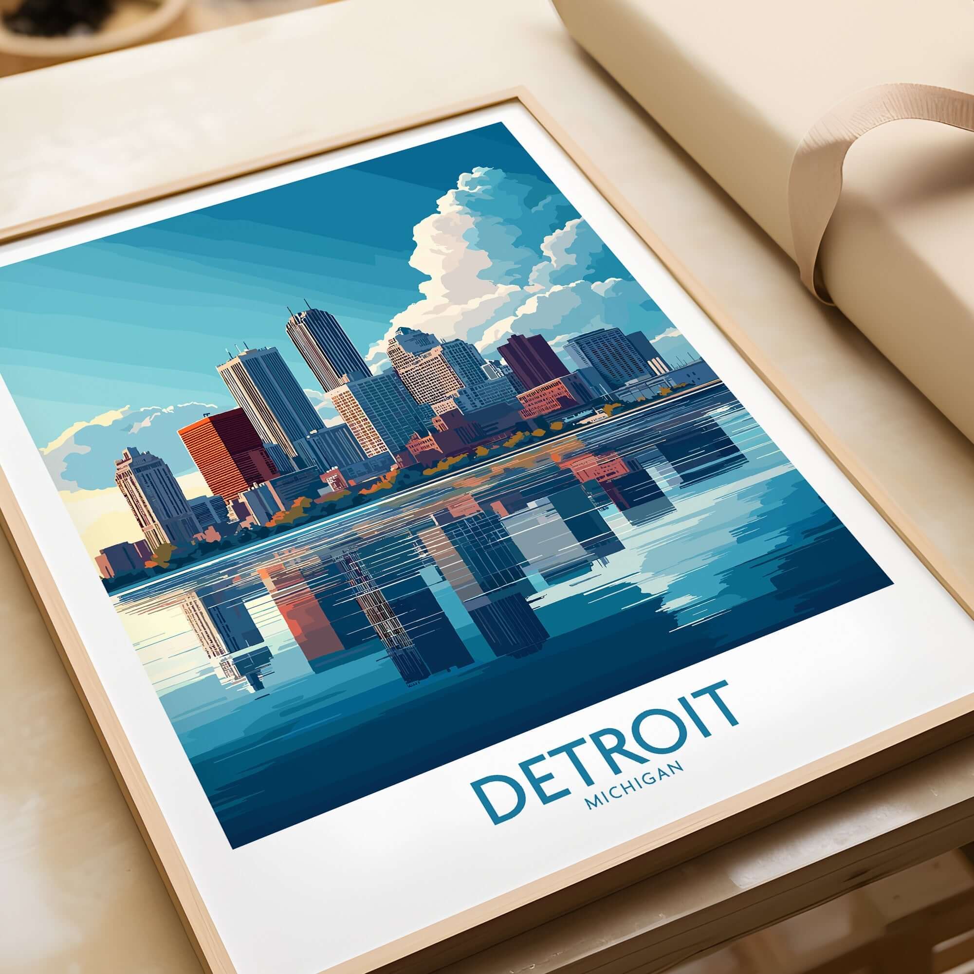 Detroit Wall Art Print featuring a colorful skyline reflection in Michigan.