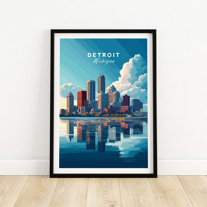 Framed Detroit Wall Art showcasing the skyline and reflection, capturing the vibrant spirit of the Motor City.