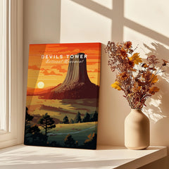 Devils Tower National Monument art print in a sunlit room with vase of dried flowers