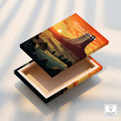 Devils Tower National Monument art print with sunset landscape on floating canvas.