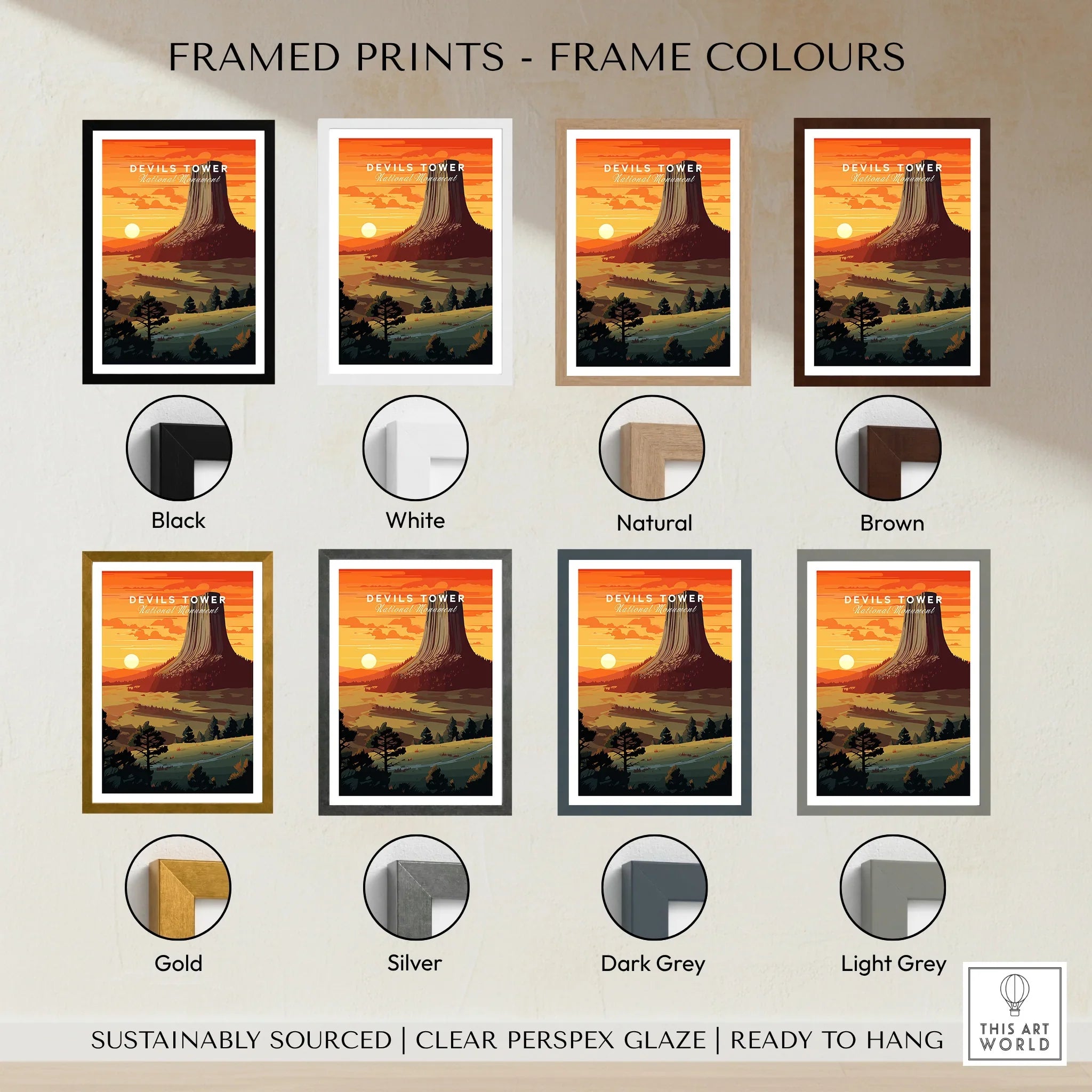 Devils Tower National Park sunset art print in eight frame color options, landscape wall decor.