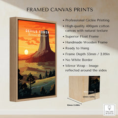 Framed canvas print of Devils Tower National Monument with sunset landscape and float frame details.