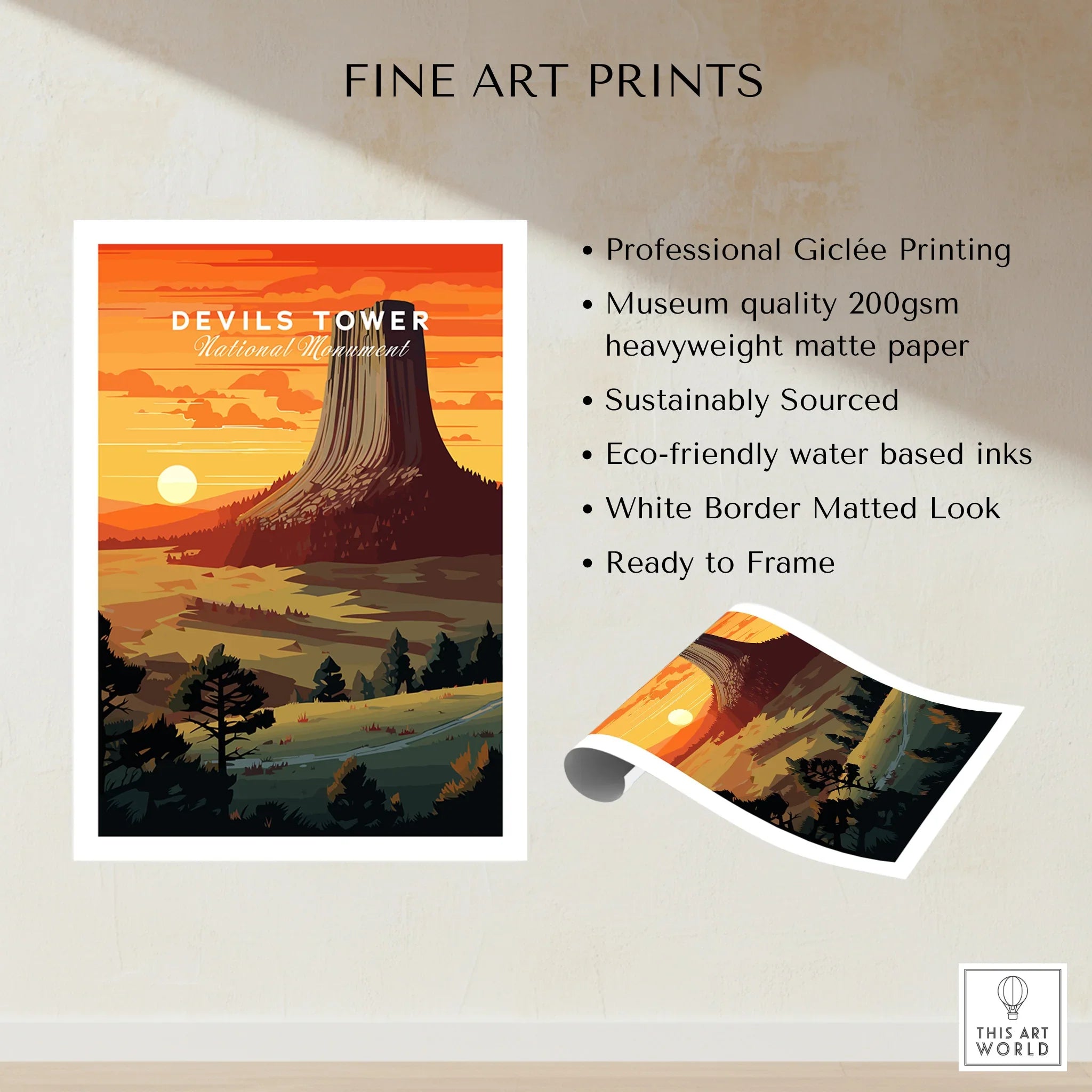 Devils Tower National Monument art print with sunset colors and forest landscape, unframed