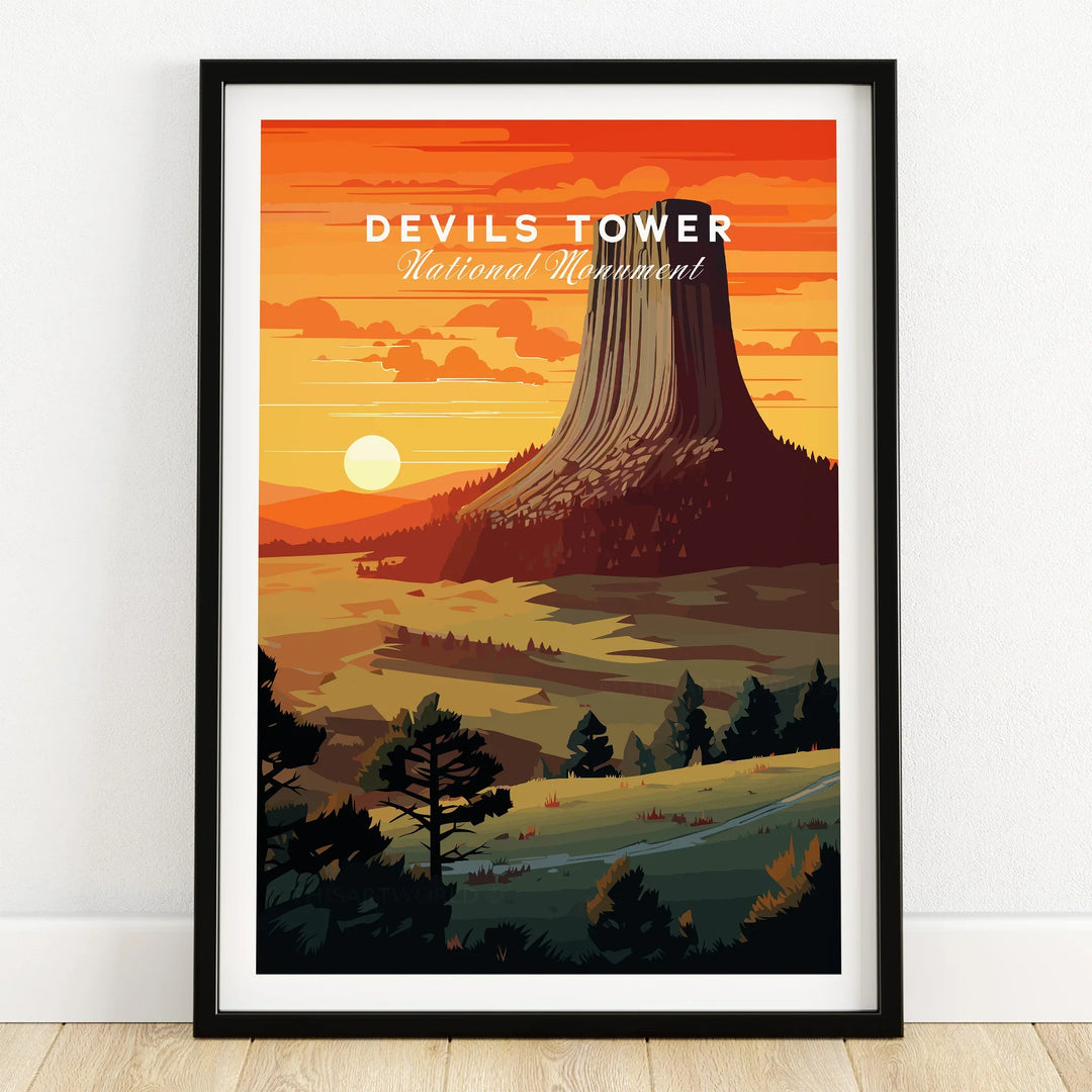 Devils Tower National Monument art print in black frame, sunset landscape wall decor