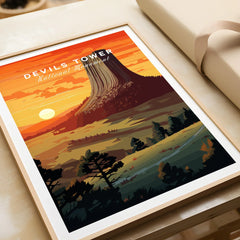 Devils Tower National Monument art print with sunset landscape in natural wood frame