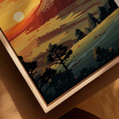 Framed canvas print of Devils Tower at sunset with trees and rolling hills