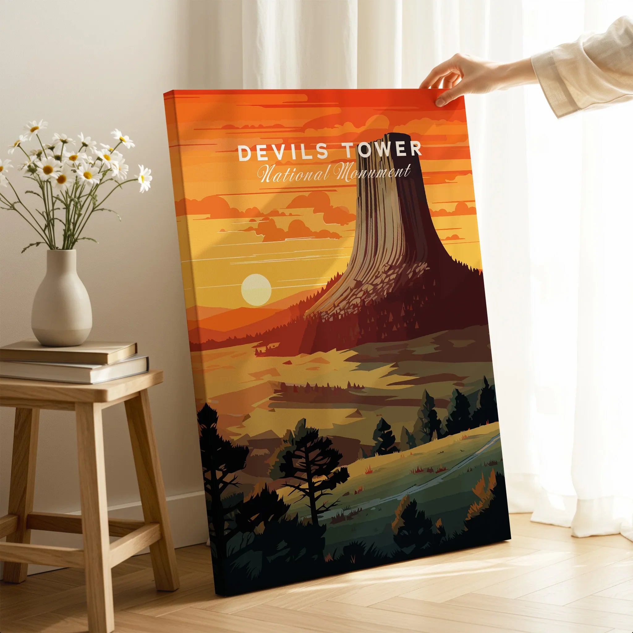 Devils Tower National Monument sunset art print in a cozy home decor room setting