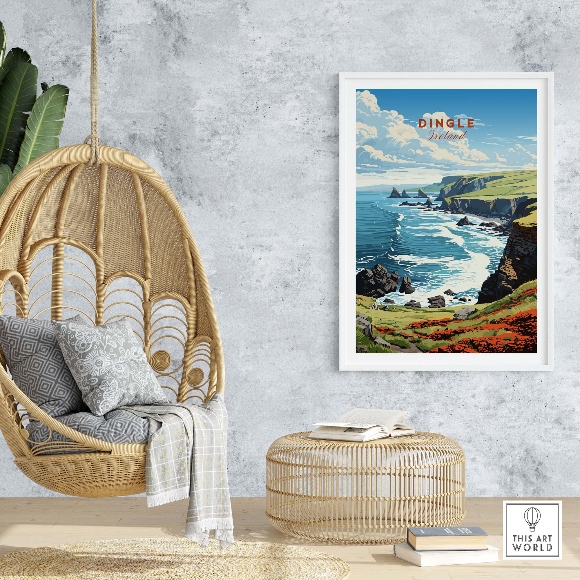 Dingle Ireland Print showcasing the beautiful coastline and vibrant colors of Dingle, Ireland in a stylish interior setting.