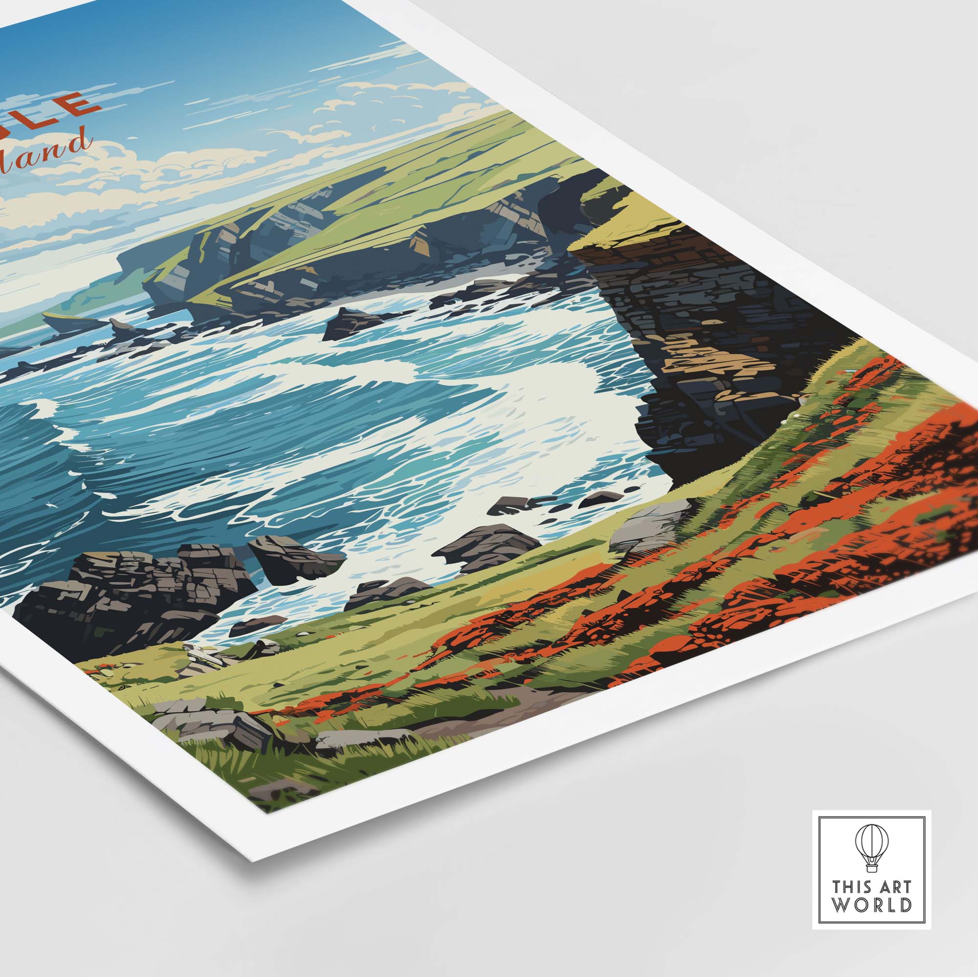 Dingle Ireland Print featuring vibrant coastal scenery and lush green hills.