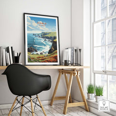 Dingle Ireland Print displayed in a modern workspace, showcasing vibrant colors and scenic coastal views.