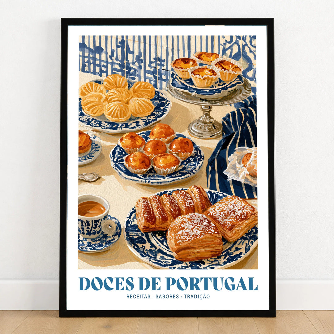 Portuguese Sweets Kitchen Wall Art - art print in black frame on wooden floor