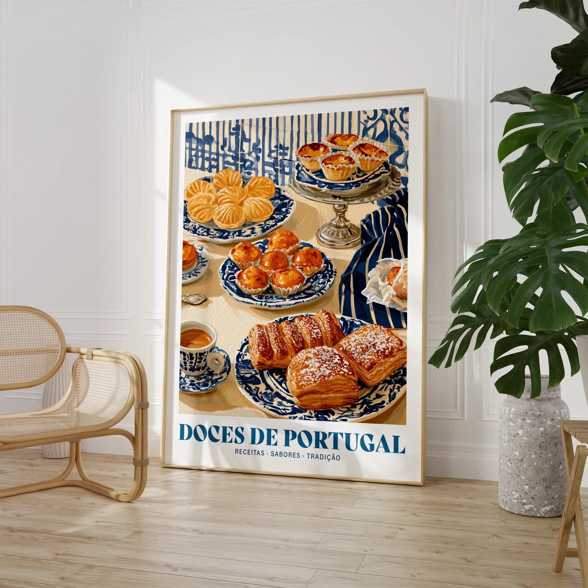 Portuguese Sweets Kitchen Wall Art - large framed print room setting chair plant