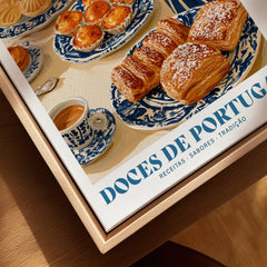 Portuguese Sweets Kitchen Wall Art - closeup framed canvas natural wood floating frame