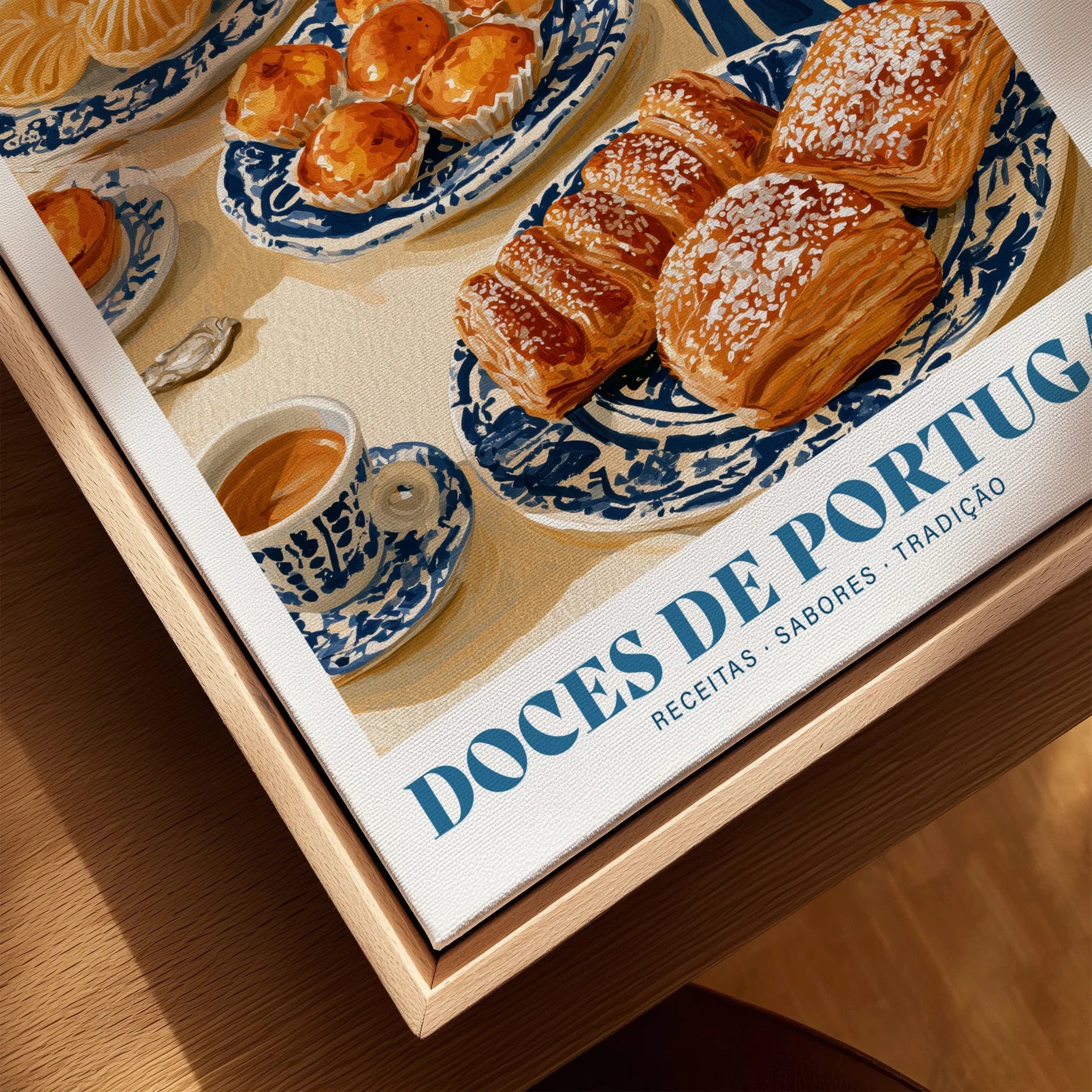 Portuguese Sweets Kitchen Wall Art - closeup framed canvas natural wood floating frame