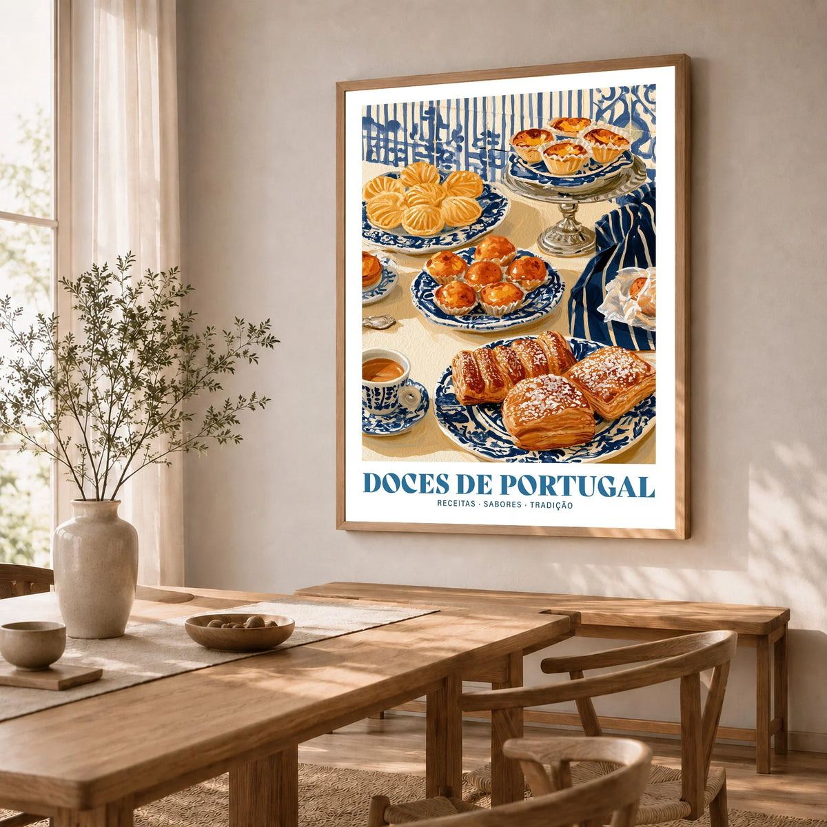 Portuguese Sweets Kitchen Wall Art - dining room framed print natural wood frame mockup ThisArtWorld