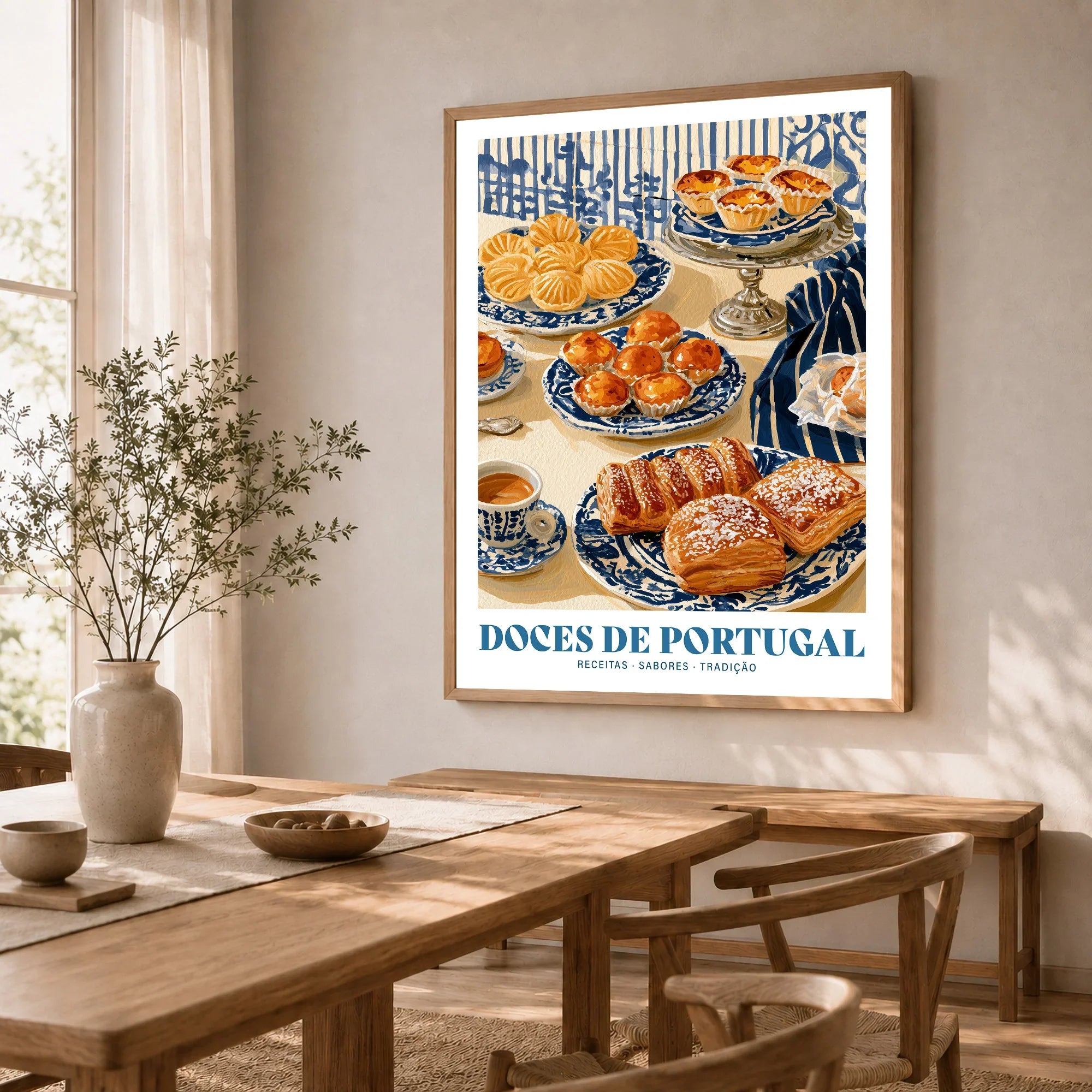 Portuguese Sweets Kitchen Wall Art - dining room framed print natural wood frame mockup ThisArtWorld