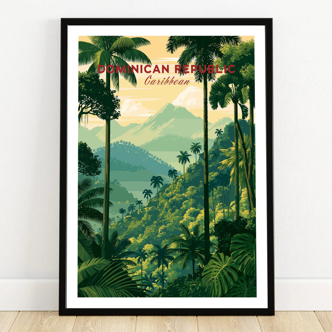Dominican Republic Caribbean travel poster with palm trees, jungle, and mountains for wall art decor