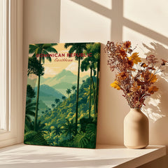 Dominican Republic Caribbean travel poster with palm trees and mountains, perfect for tropical wall art decor