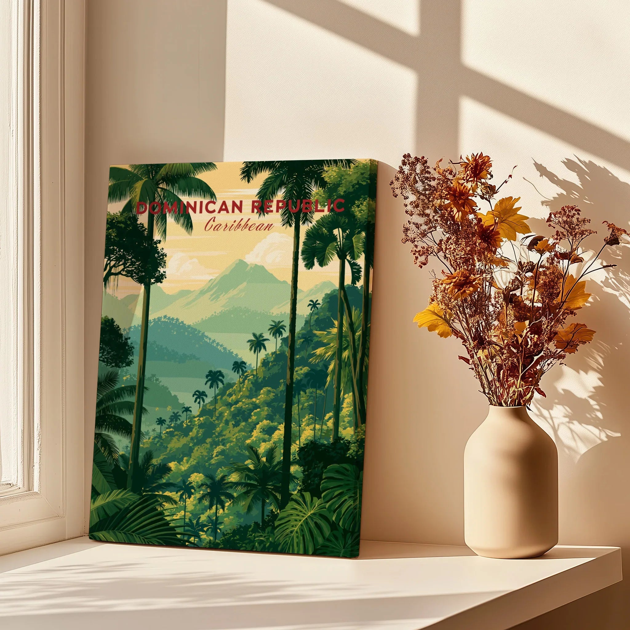 Dominican Republic Caribbean travel poster with palm trees and mountains, perfect for tropical wall art decor